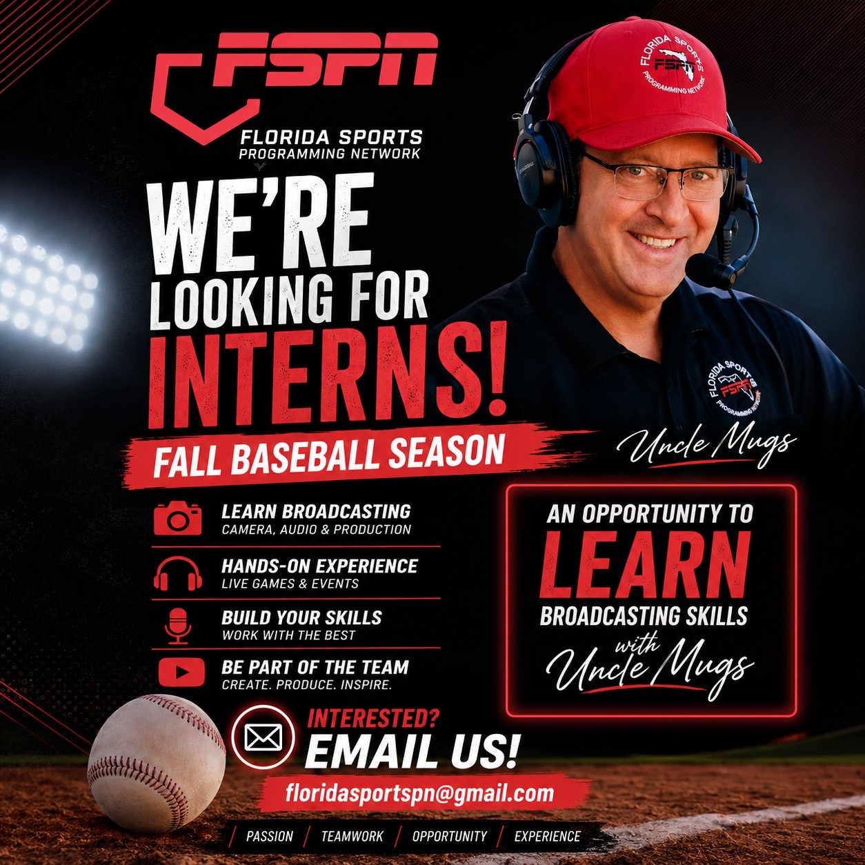 FSPN student recruitment artwork featuring Uncle Mugs in a red FSPN cap and broadcast headset