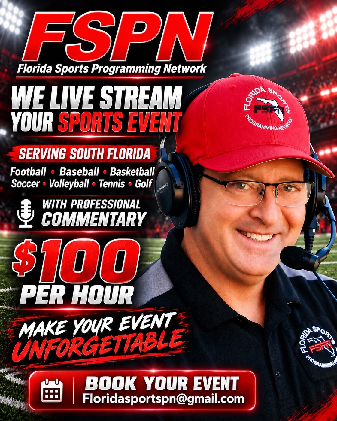 FSPN sports event live streaming with professional commentary, advertised at $100 per hour