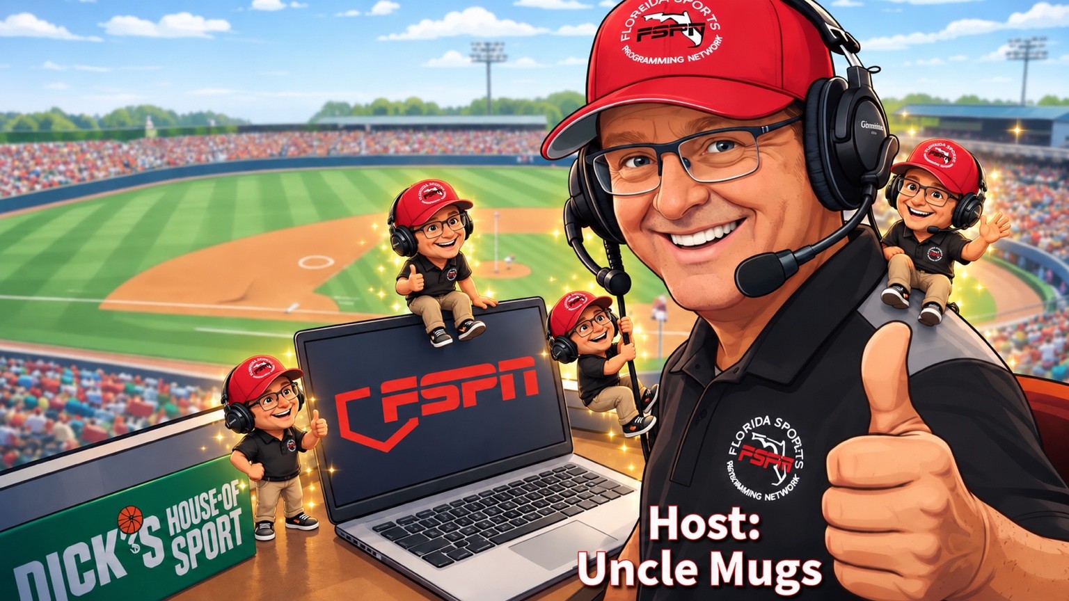 Illustrated FSPN artwork with Uncle Mugs at a baseball stadium and Dick’s House of Sport branding
